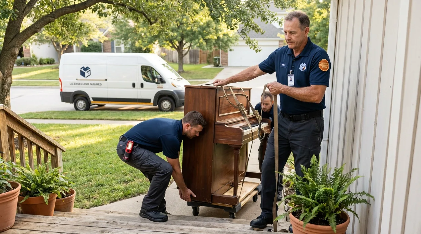 Licensed piano movers securing grand piano in Glendale, CA