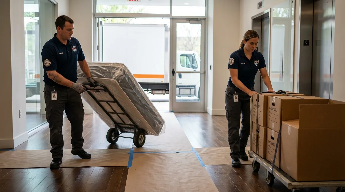 Professional apartment movers loading elevator in Glendale, CA