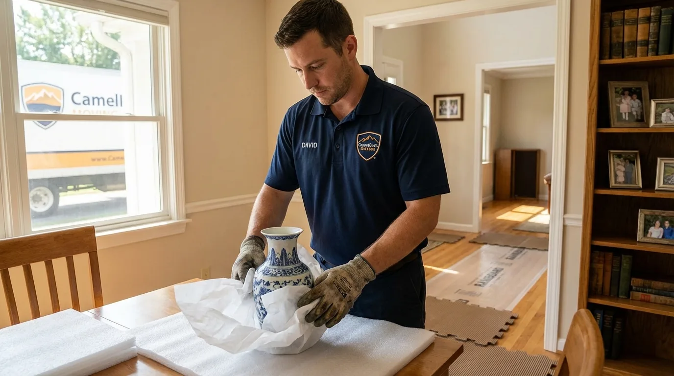 Professional crew carefully wrapping antique vase for senior downsizing move in Glendale, CA